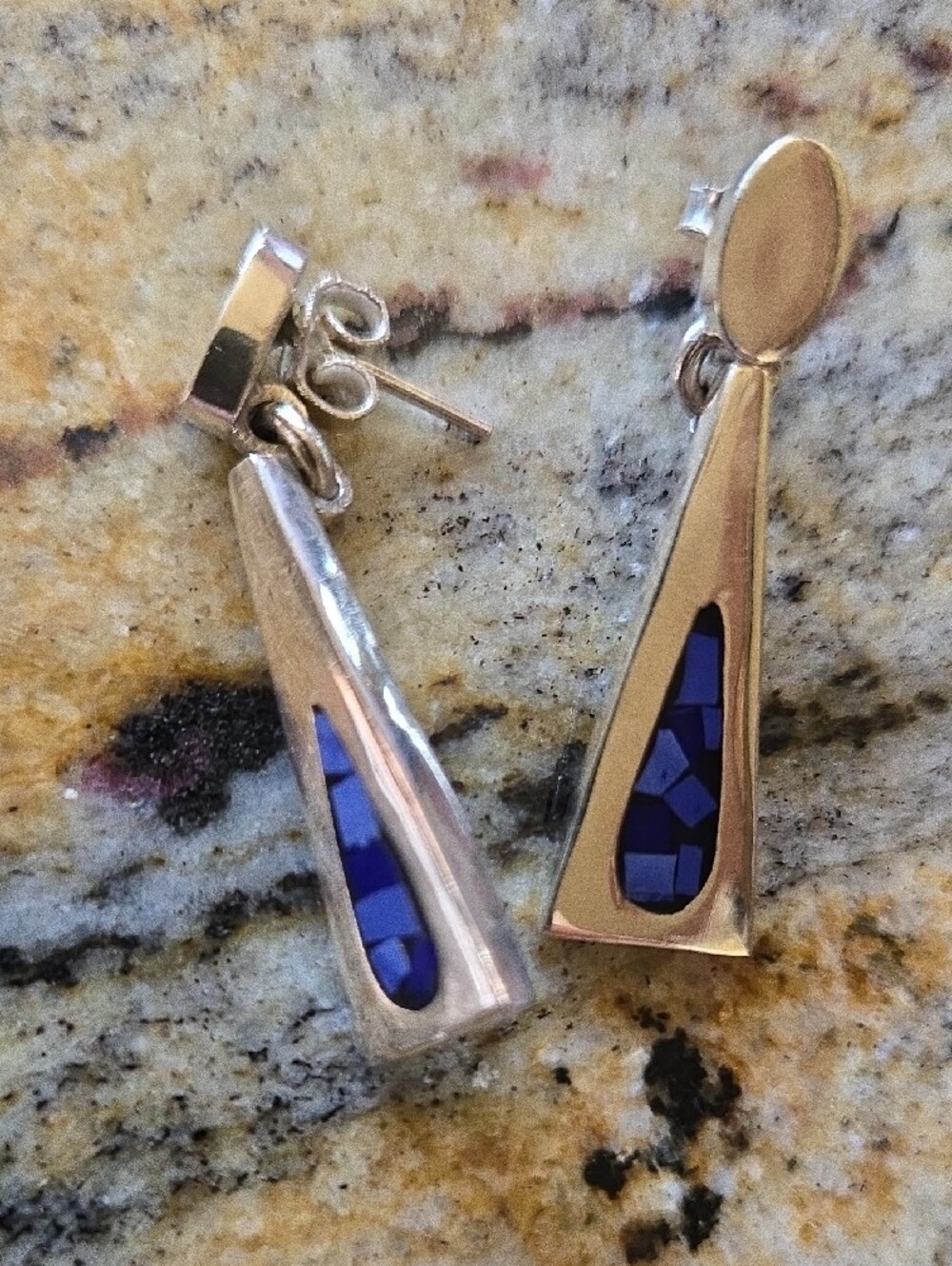 Sterling Silver Blue Inlay Geometric Drop Earrings - Picture 5 of 5